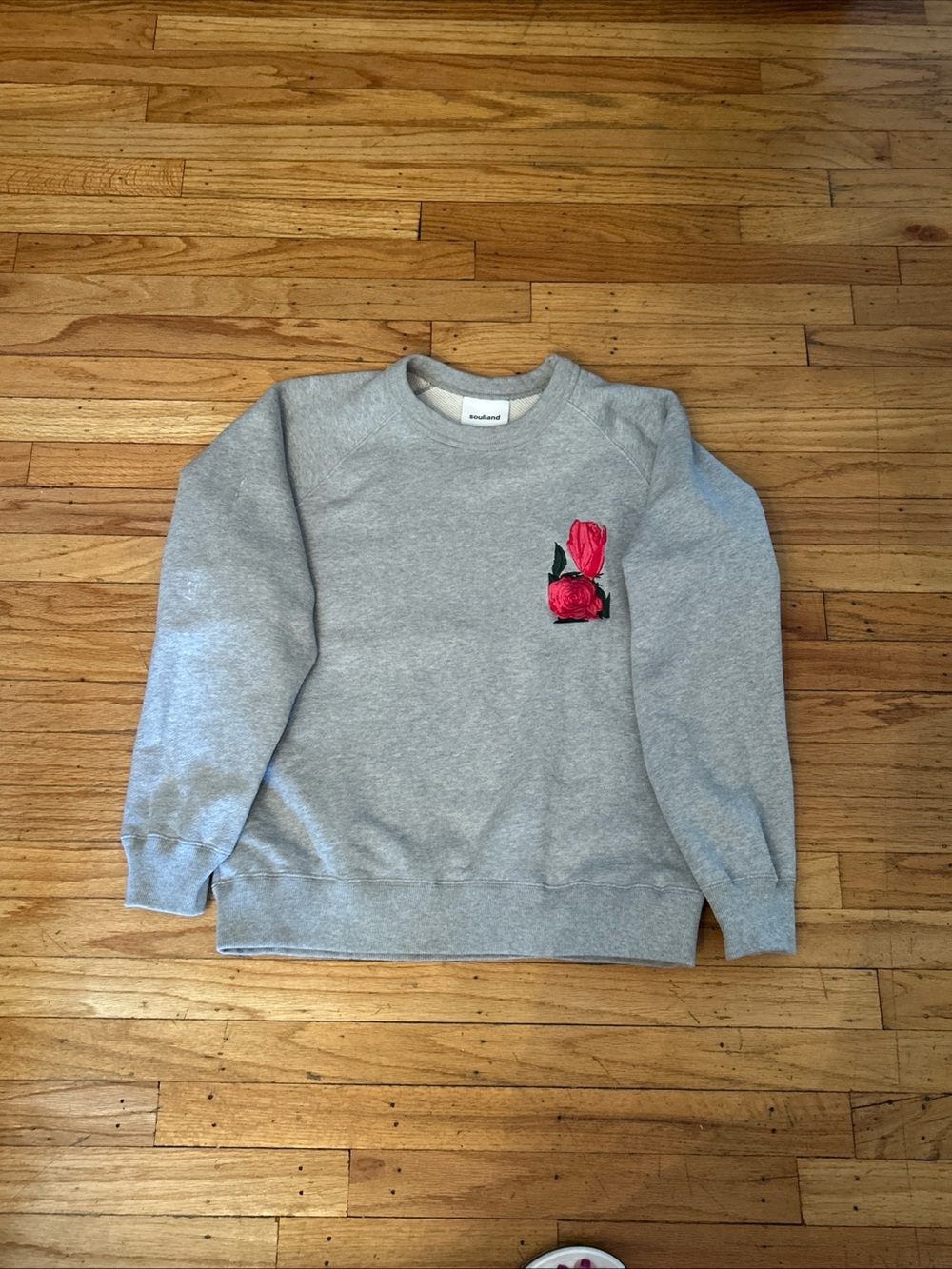 Soulland Women's Amy Rose Sweatshirt Grey Relaxed Cotton Cut Embroidered Small